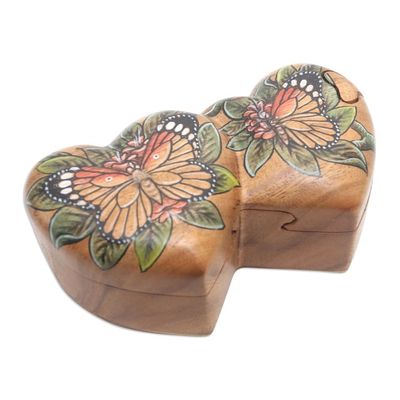 Alternate image for Hand-Painted Double Heart Wood Butterfly Puzzle Box Twin Butterfly Hearts