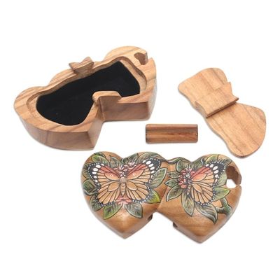 Alternate image for Hand-Painted Double Heart Wood Butterfly Puzzle Box Twin Butterfly Hearts