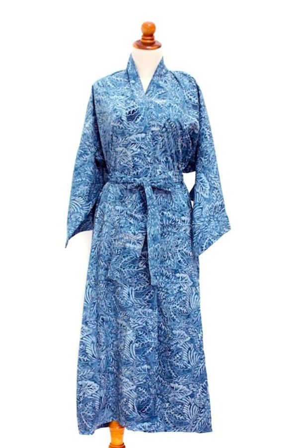 Alternate image for Artisan Crafted Long Batik Cotton Robe for Women Blue Forest