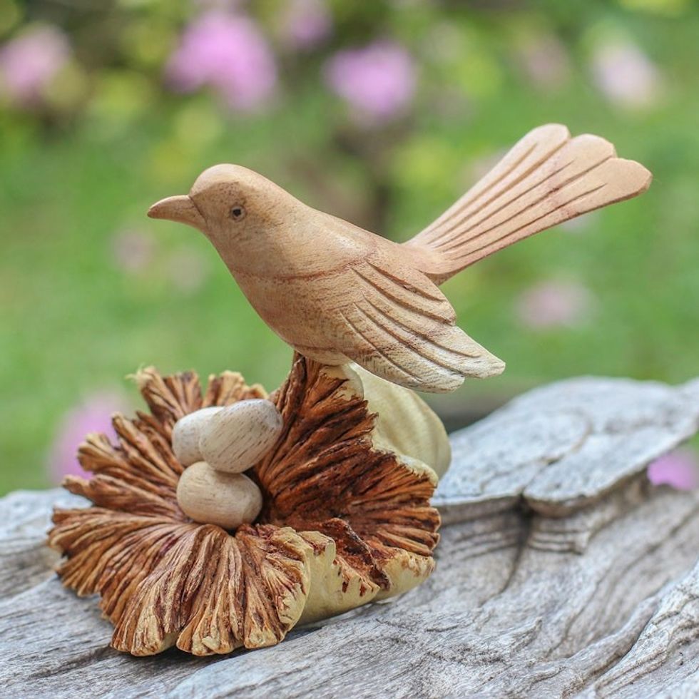 Nesting Bird Hand Carved Wood Sculpture 'Nesting Bird'