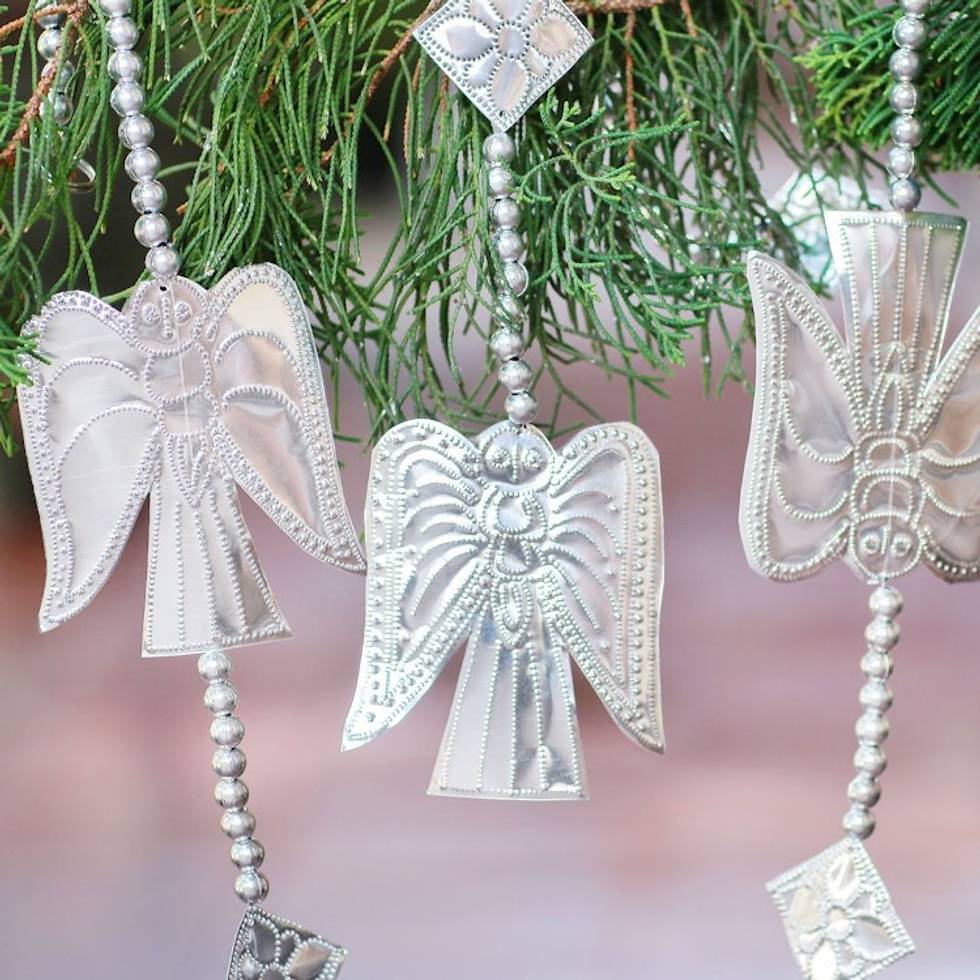 Handmade Aluminum Angel Ornament Garlands Set of 3 'Line of Angels'