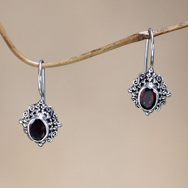 Alternate image for Fair Trade Garnet and Sterling Silver Drop Earrings Balinese Elegance