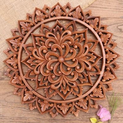 Alternate image for Artisan Crafted Suar Wood Relief Panel Flower Farm