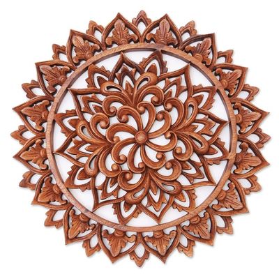 Alternate image for Artisan Crafted Suar Wood Relief Panel Flower Farm