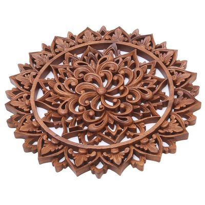 Alternate image for Artisan Crafted Suar Wood Relief Panel Flower Farm