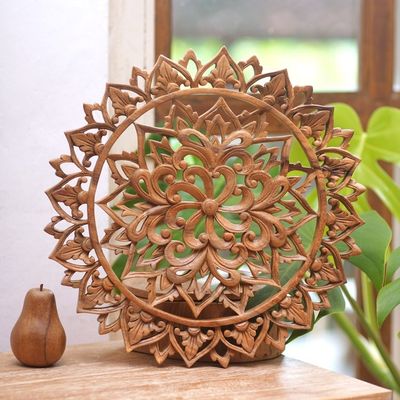 Alternate image for Artisan Crafted Suar Wood Relief Panel Flower Farm