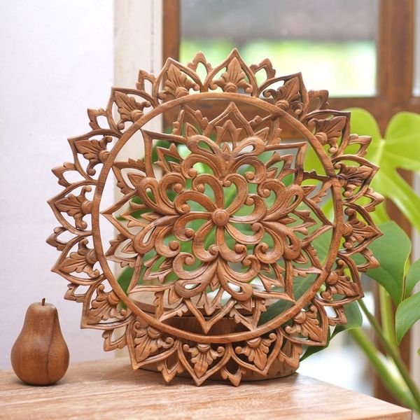Alternate image for Artisan Crafted Suar Wood Relief Panel Flower Farm