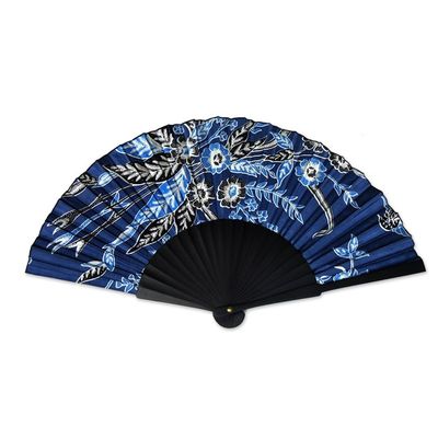Alternate image for Batik Silk Fan from Indonesia Deep Blue Blossom