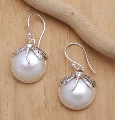 Alternate image for Cultured Mabe Pearl and Sterling Silver Dangle Earrings Moonlit Dragonfly