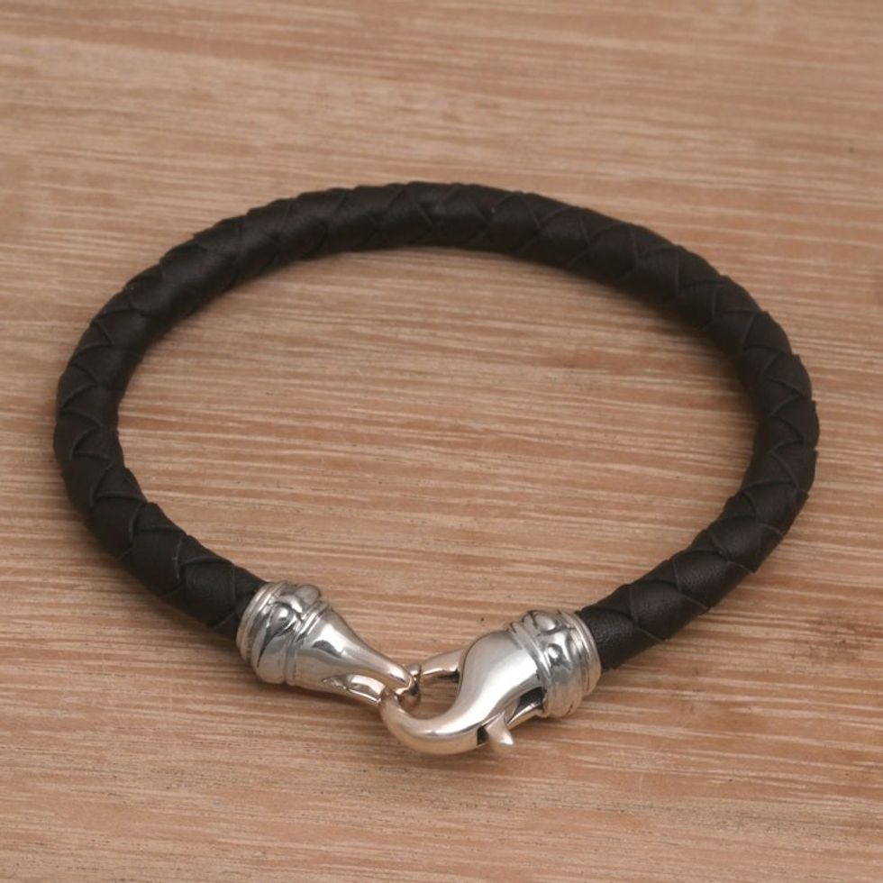 Men's Leather Braided Cord Bracelet from Bali 'Serpent Style'