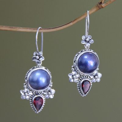 Alternate image for Pearl and Garnet Silver Dangle Earrings Frangipani Trio