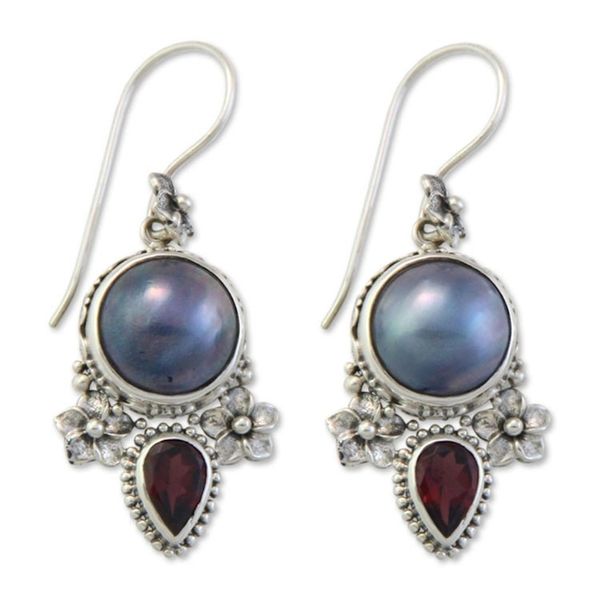 Alternate image for Pearl and Garnet Silver Dangle Earrings Frangipani Trio
