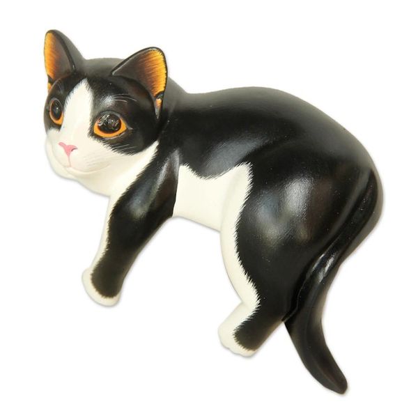 Alternate image for Signed Balinese Tuxedo Cat Sculpture Tuxedo Cat Relaxes