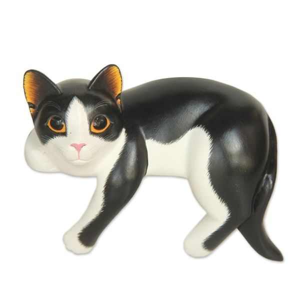 Alternate image for Signed Balinese Tuxedo Cat Sculpture Tuxedo Cat Relaxes