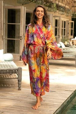 Image for Red Orange Batik Print Long Sleeved Rayon Robe with Belt Sunset Grove