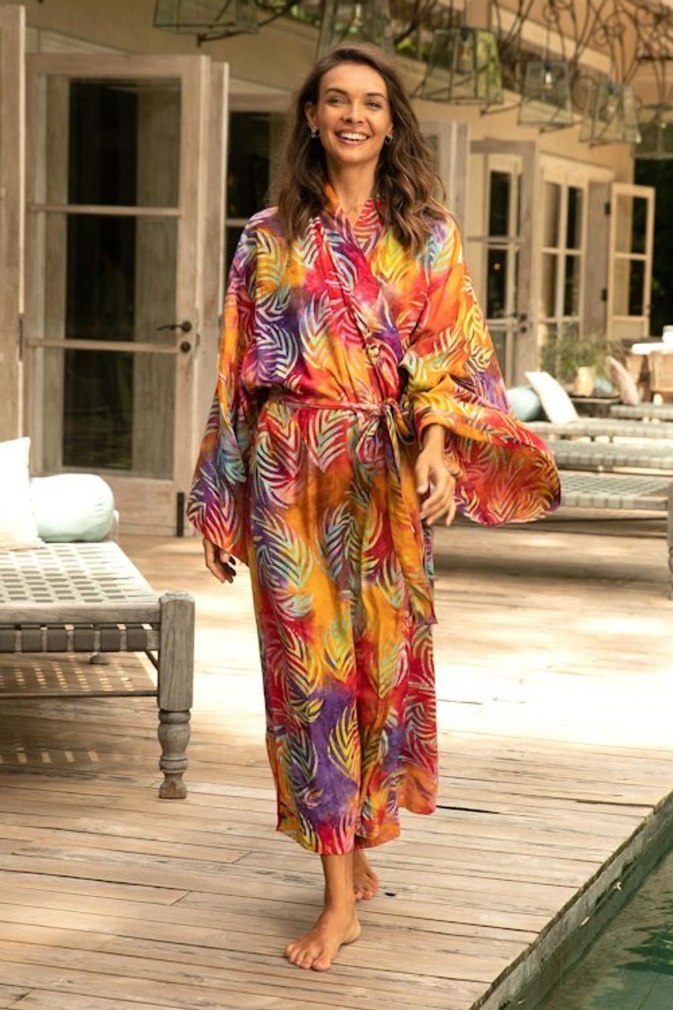 Red Orange Batik Print Long Sleeved Rayon Robe with Belt 'Sunset Grove'