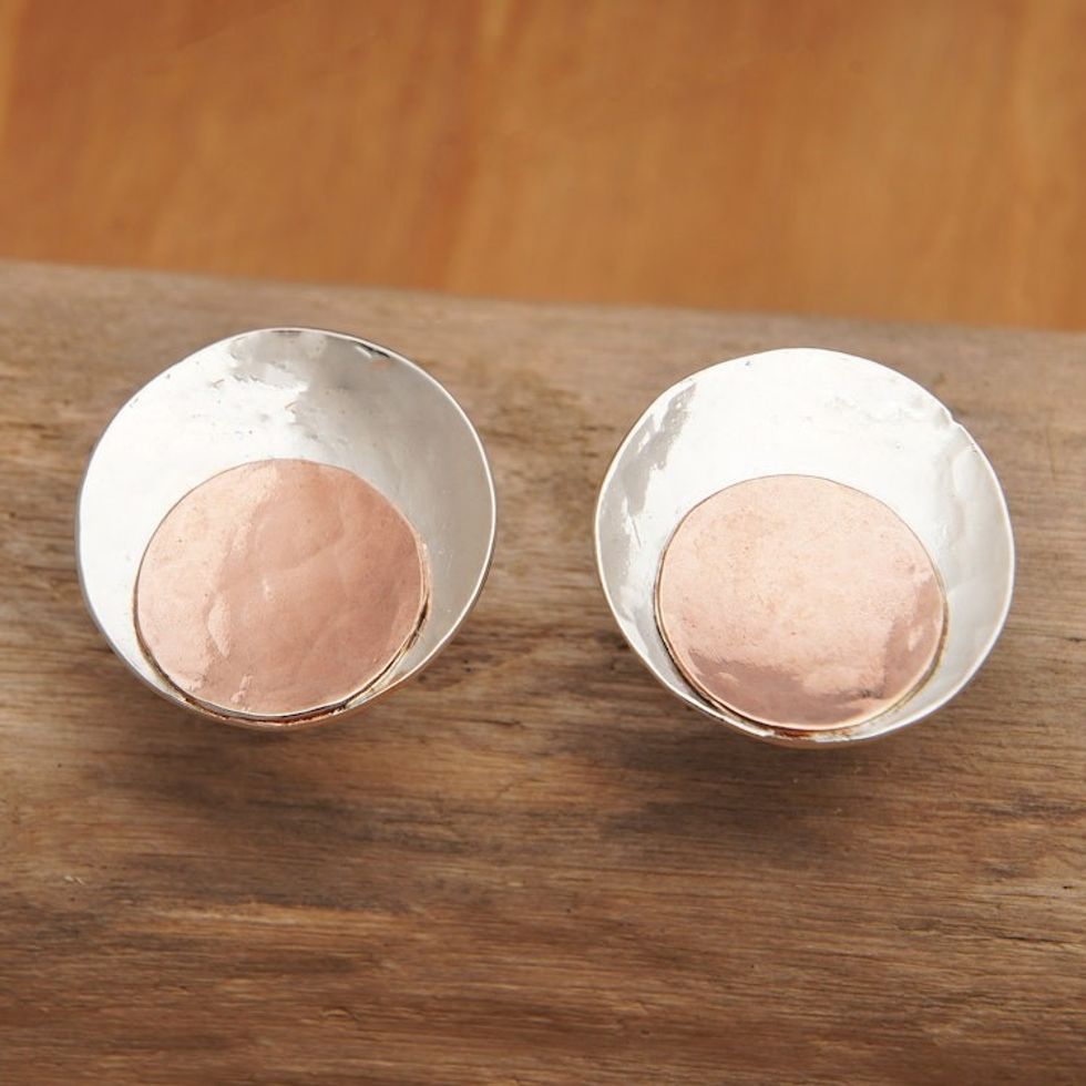 Round 18k Rose Gold-Accented Sterling Silver Button Earrings 'Dulcet Nimbus'