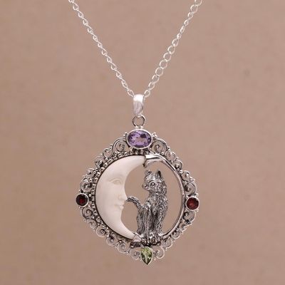 Alternate image for Handmade 925 Sterling Silver Garnet Cat Pendant Necklace Kittys Night