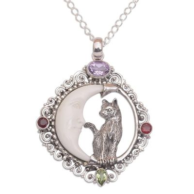 Alternate image for Handmade 925 Sterling Silver Garnet Cat Pendant Necklace Kittys Night