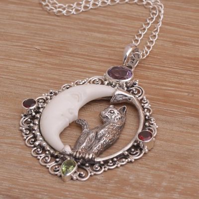 Alternate image for Handmade 925 Sterling Silver Garnet Cat Pendant Necklace Kittys Night