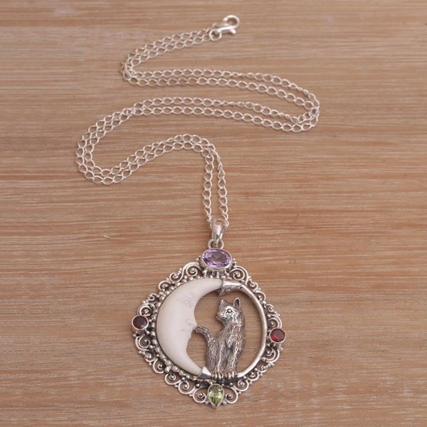 Alternate image for Handmade 925 Sterling Silver Garnet Cat Pendant Necklace Kittys Night