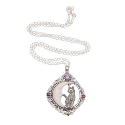 Alternate image for Handmade 925 Sterling Silver Garnet Cat Pendant Necklace Kittys Night