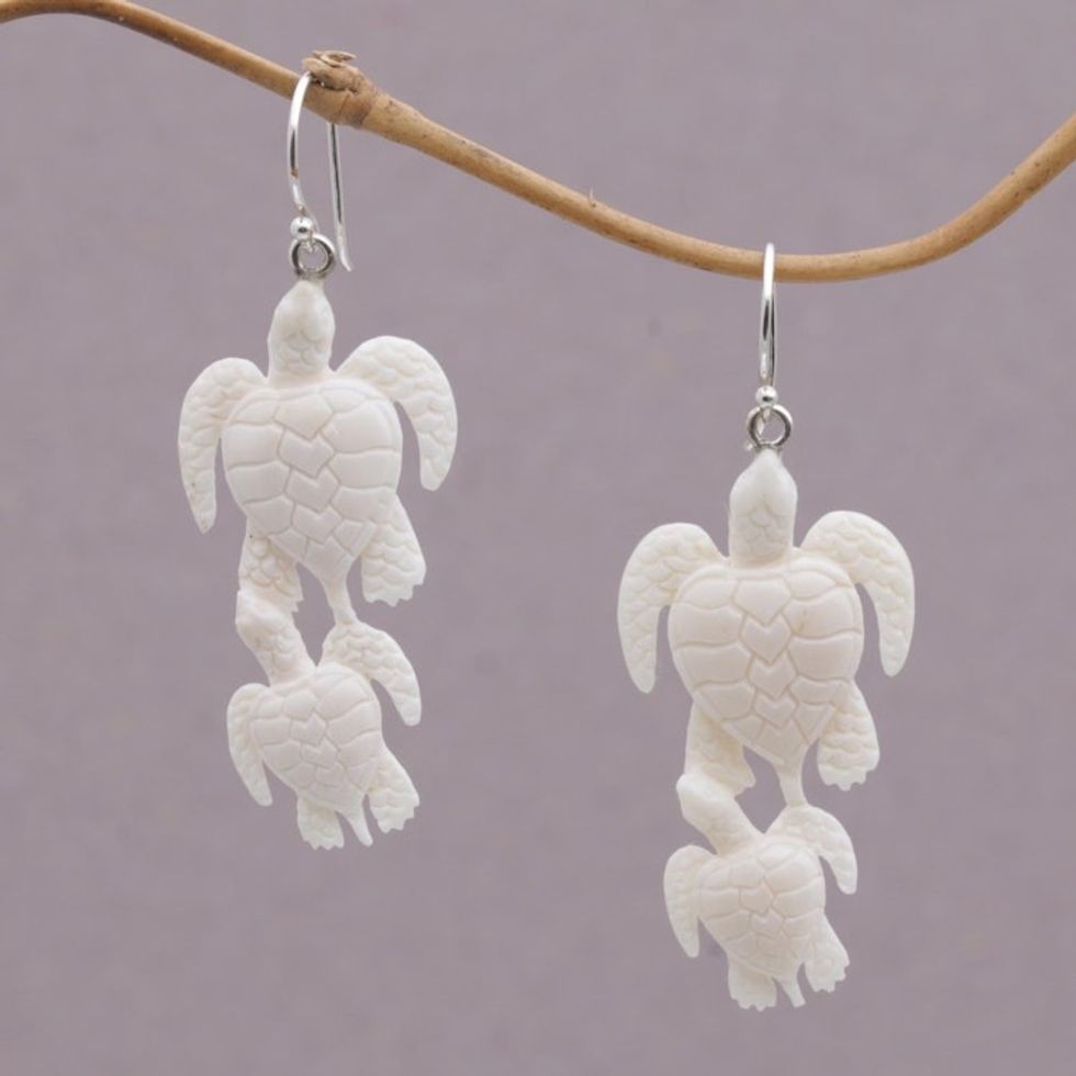 Handcrafted Bone Sea Turtle Dangle Earrings from Bali 'Sea Turtle Bond'