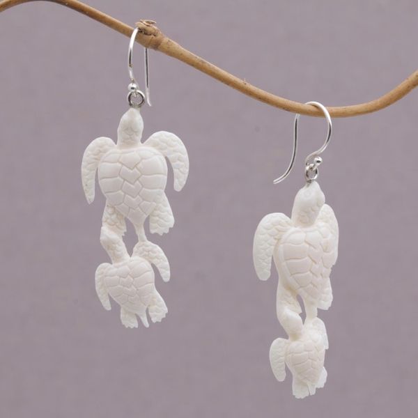 Alternate image for Handcrafted Bone Sea Turtle Dangle Earrings from Bali Sea Turtle Bond
