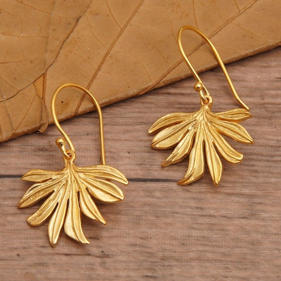 Palm Leaf-Shaped 18k Gold-Plated Brass Dangle Earrings 'Palms Victory'