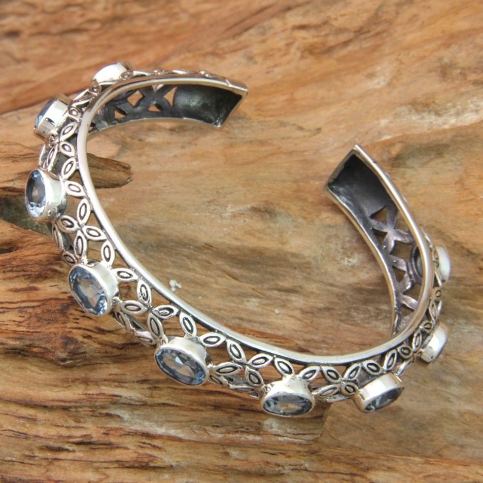 Silver and Blue Topaz Cuff Style Bracelet from Bali 'Java Kawung'