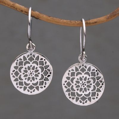 Alternate image for Round Sterling Silver Mandala Flower Earrings from Bali Enchanting Mandalas