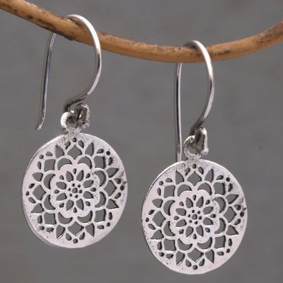 Alternate image for Round Sterling Silver Mandala Flower Earrings from Bali Enchanting Mandalas