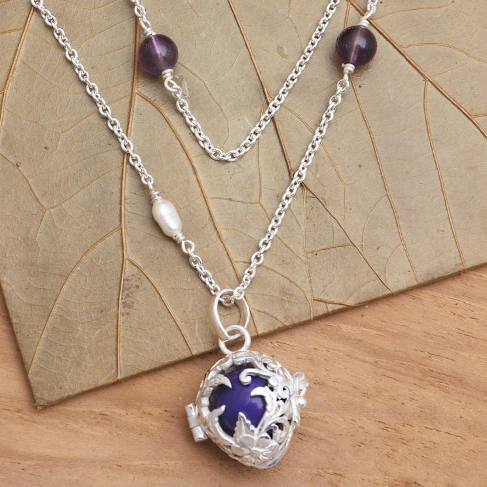 Silver Harmony Ball Necklace with Cultured Pearl  Amethyst 'Chimes of Comfort'