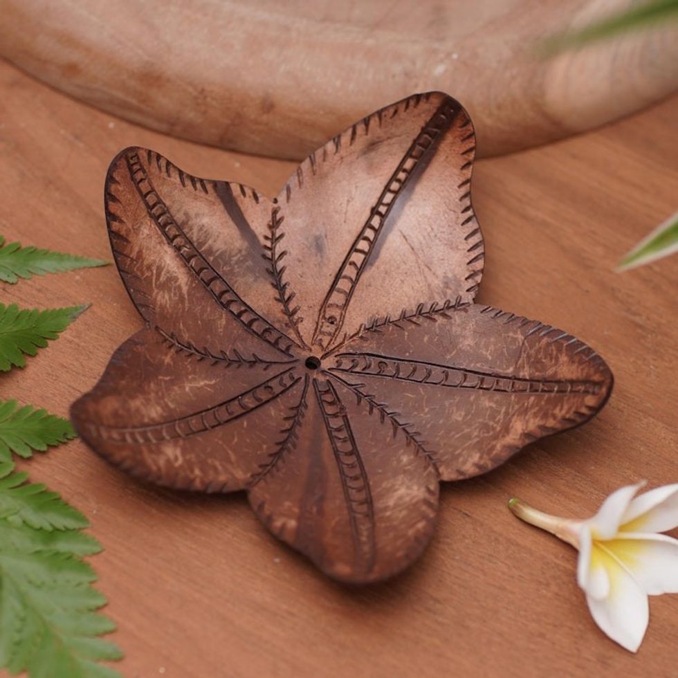 Floral Coconut Shell Soap Holder Carved by Balinese Artisan 'Robust Rose'