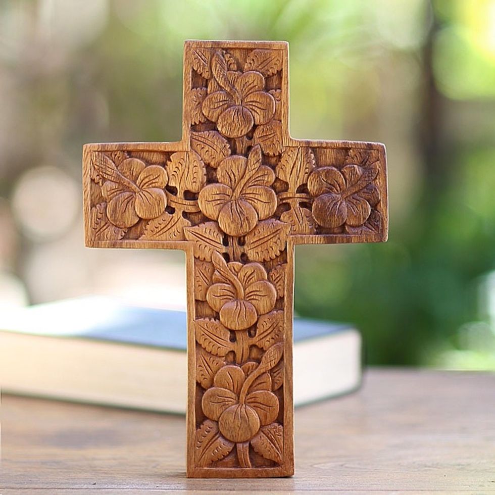 Wood Cross Sculpture with Hand Carved Hibiscus Flowers 'Hibiscus'