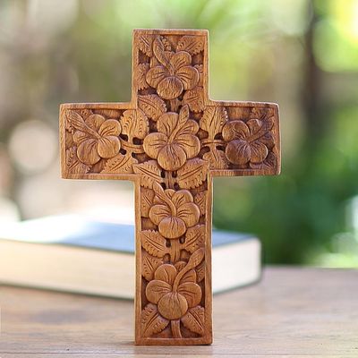 Alternate image for Wood Cross Sculpture with Hand Carved Hibiscus Flowers Hibiscus