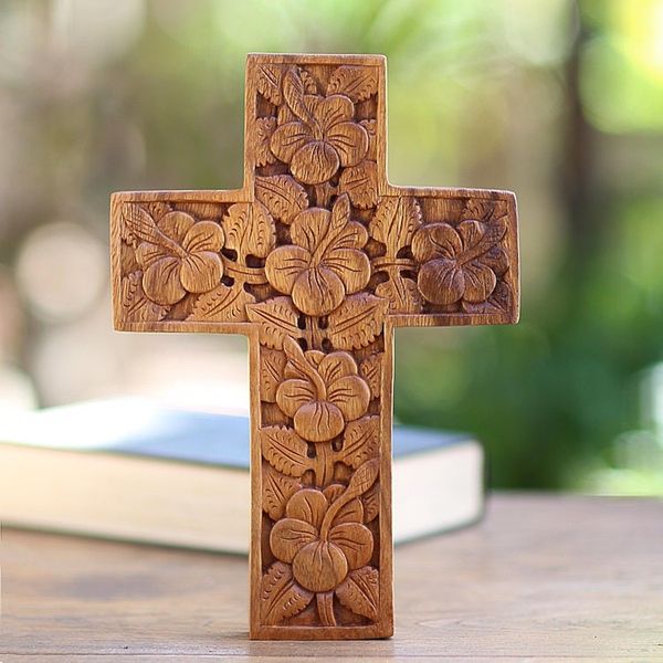 Alternate image for Wood Cross Sculpture with Hand Carved Hibiscus Flowers Hibiscus