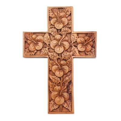 Alternate image for Wood Cross Sculpture with Hand Carved Hibiscus Flowers Hibiscus