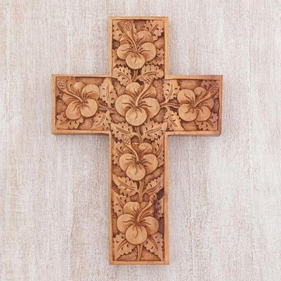 Alternate image for Wood Cross Sculpture with Hand Carved Hibiscus Flowers Hibiscus