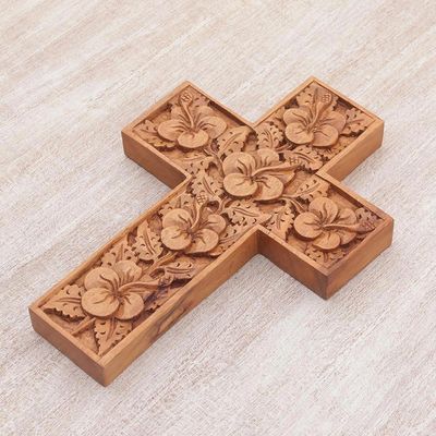 Alternate image for Wood Cross Sculpture with Hand Carved Hibiscus Flowers Hibiscus
