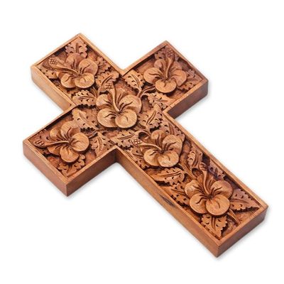 Alternate image for Wood Cross Sculpture with Hand Carved Hibiscus Flowers Hibiscus