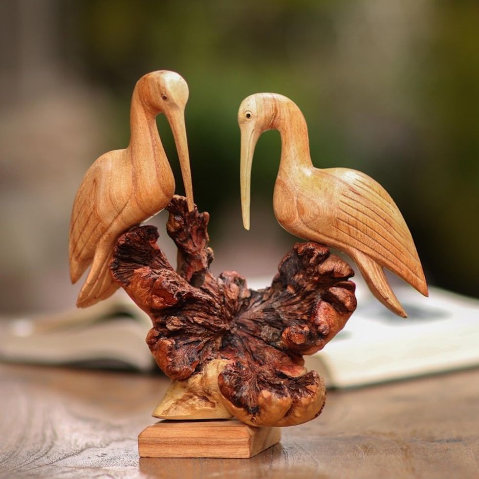 Hand-Carved Jempinis Wood Crane Couple Sculpture from Bali 'Crane Couple'