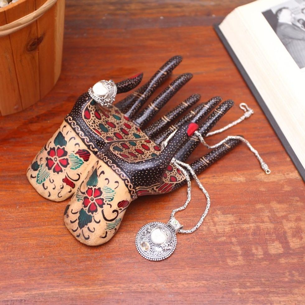 Floral Batik Wood Ring Holder from Java 'Beautiful Hands'