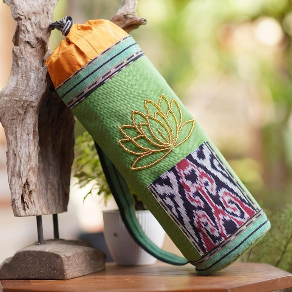 Ikat Cotton Yoga Mat Carrier with Lotus Motif 'Large Golden Lotus'