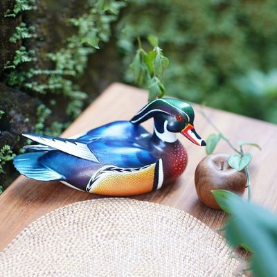 Alternate image for Artisan Crafted Albesia Wood Carolina Duck Carving Statuette Carolina Wood Duck