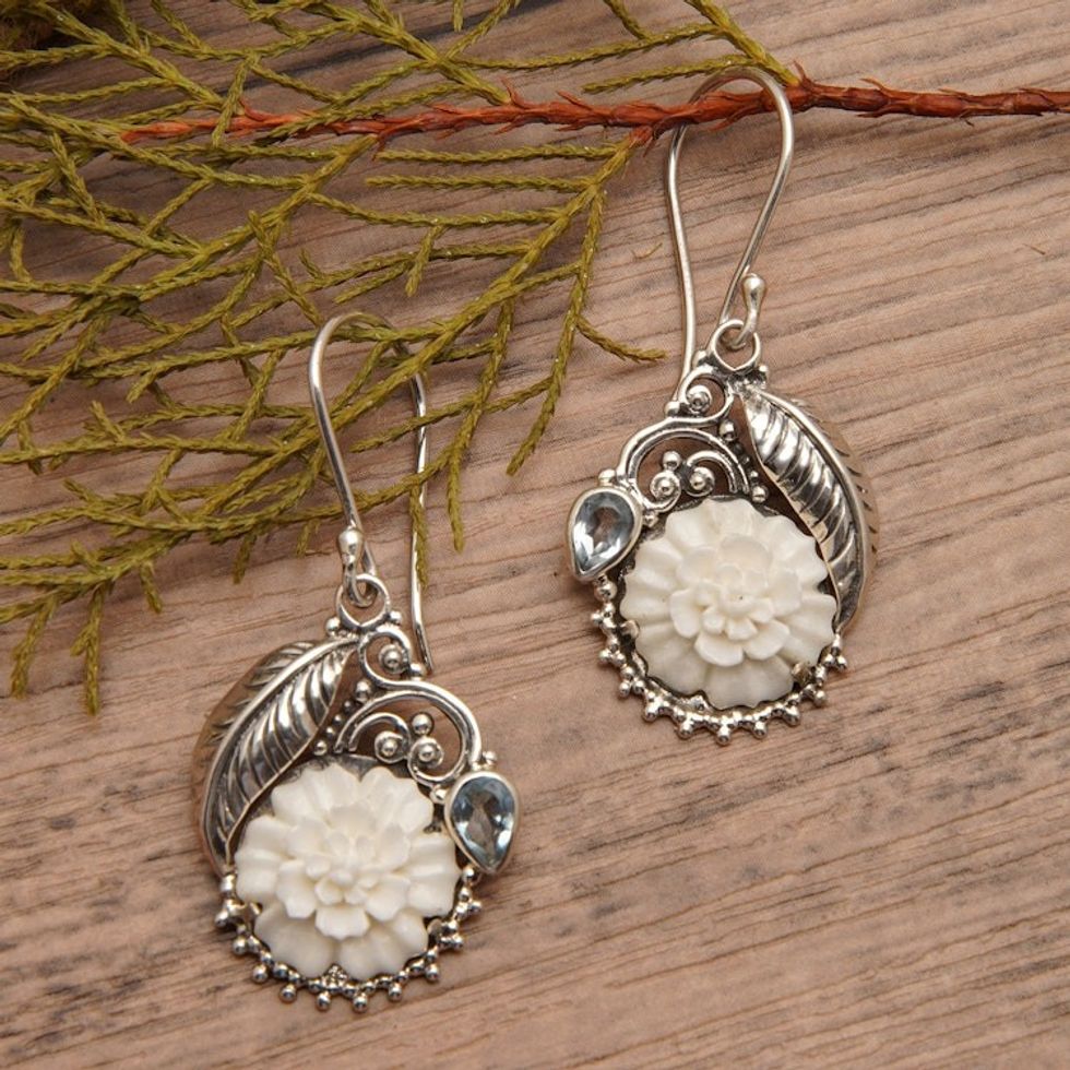 Floral and Leafy Sterling Silver Blue Topaz Dangle Earrings 'Loyal Spring'