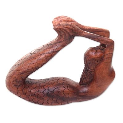 Alternate image for Signed Balinese Mermaid Sculpture Carved in Wood Dhanurasana Mermaid