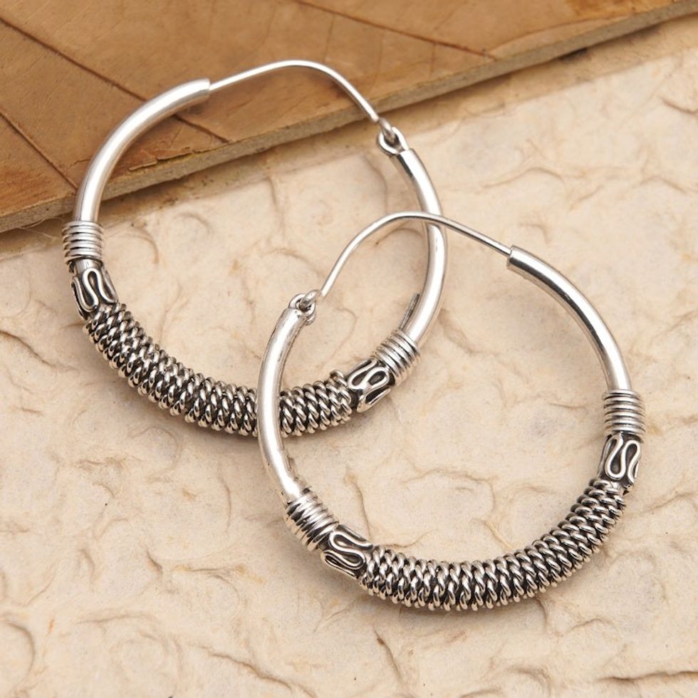 Classic Sterling Silver Hoop Earrings with Braided Accents 'Braided Cycles'
