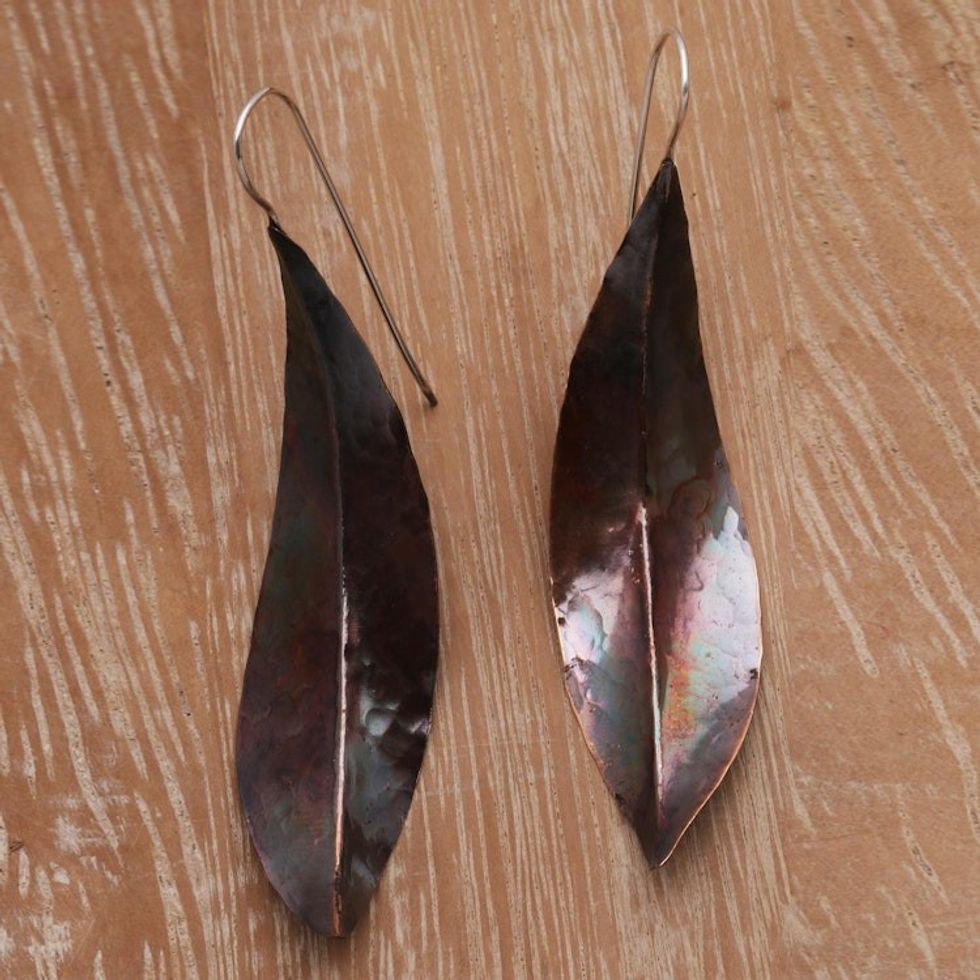 Leaf-Shaped Modern Drop Earrings in Copper from Bali 'Antique Leaves'