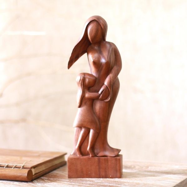 Alternate image for Artisan Crafted Wood Family Sculpture Mother and Daughter